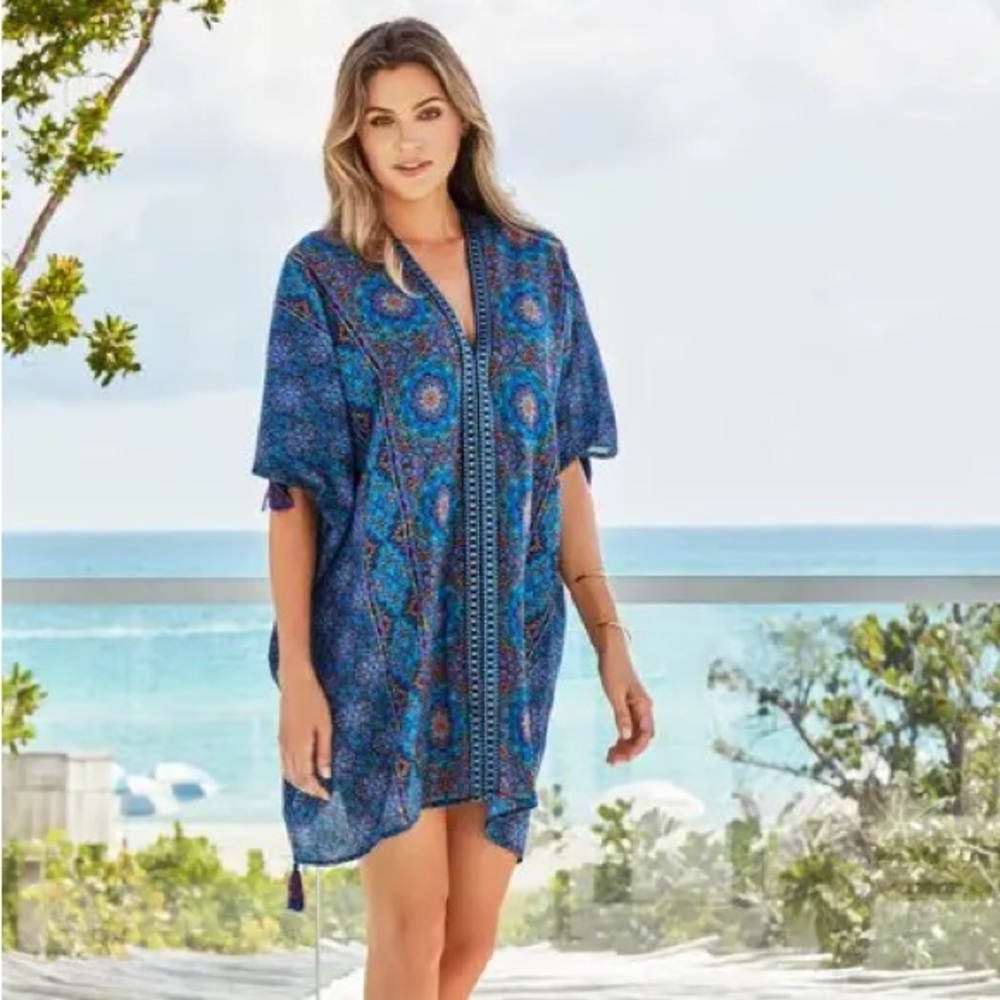 Miraclesuit Danube Bleu Blue Purple Swim Pool Beaxh Vacation Cover-Up Caftan NWT